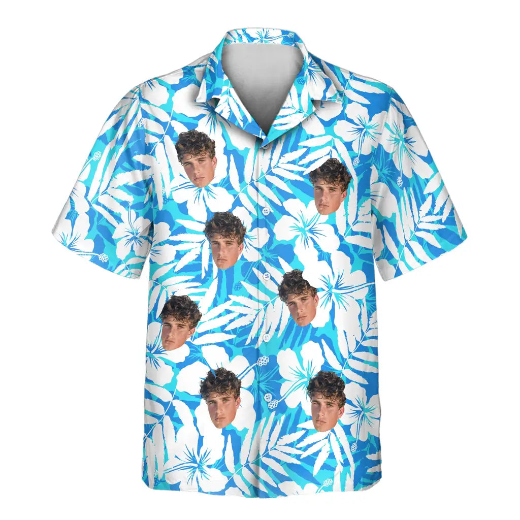 Custom Face &amp; Logo Blue Hibiscus Breeze Hawaiian Shirt | Custom Gift for Beach Vacation &amp; Cruises