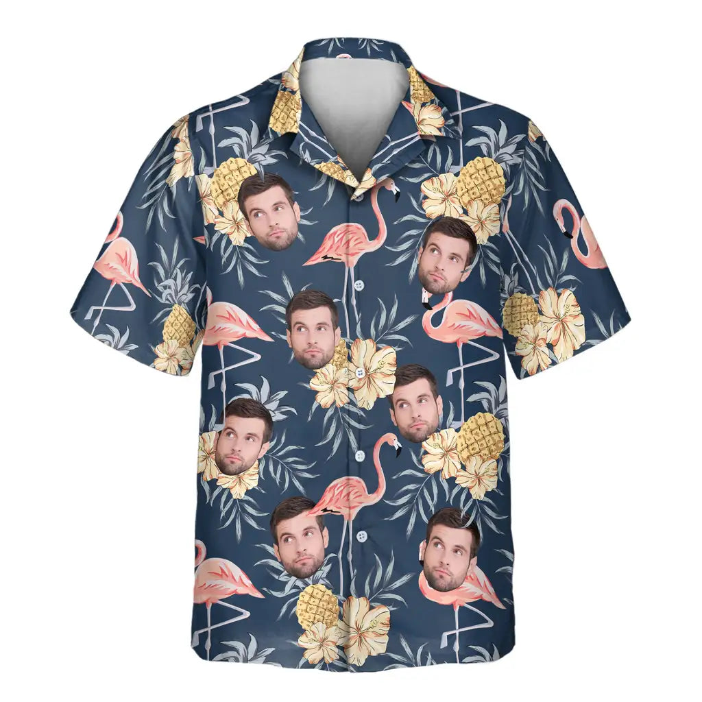 Custom Face &amp; Logo Flamingo &amp; Pineapple Paradise Hawaiian Shirt | Custom Gift for Beach Vacation &amp; Cruises