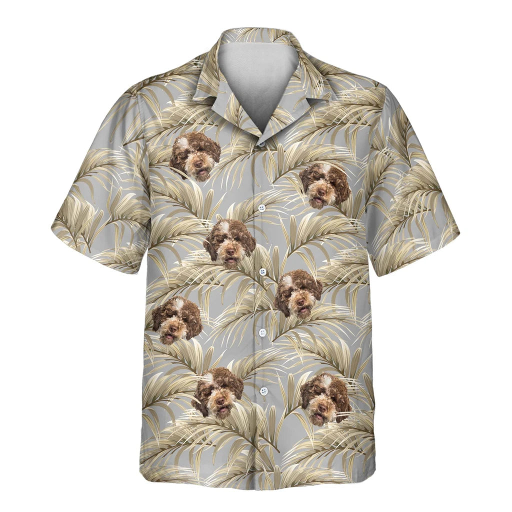 Custom Face &amp; Logo Golden Palm Leaves Hawaiian Shirt | Unique Summer Beach Gift for Men