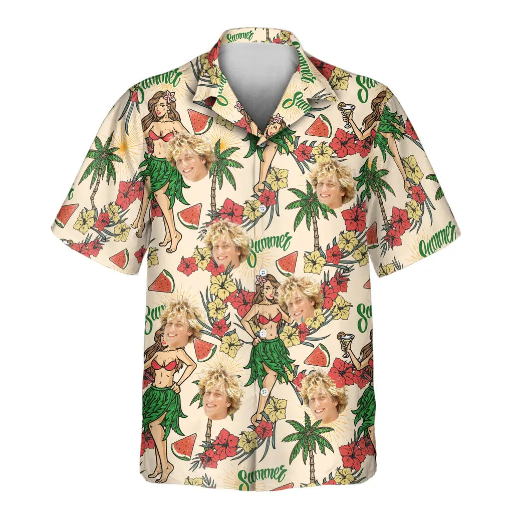 Custom Face &amp; Logo Island Party Vibes Hawaiian Shirt | Unique Summer Beach Gift for Men
