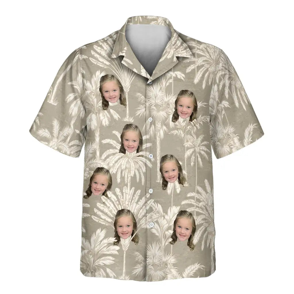 Custom Face &amp; Logo Monochrome Tropics in Cotton Grey Hawaiian Shirt | Minimalist Style Summer Gift