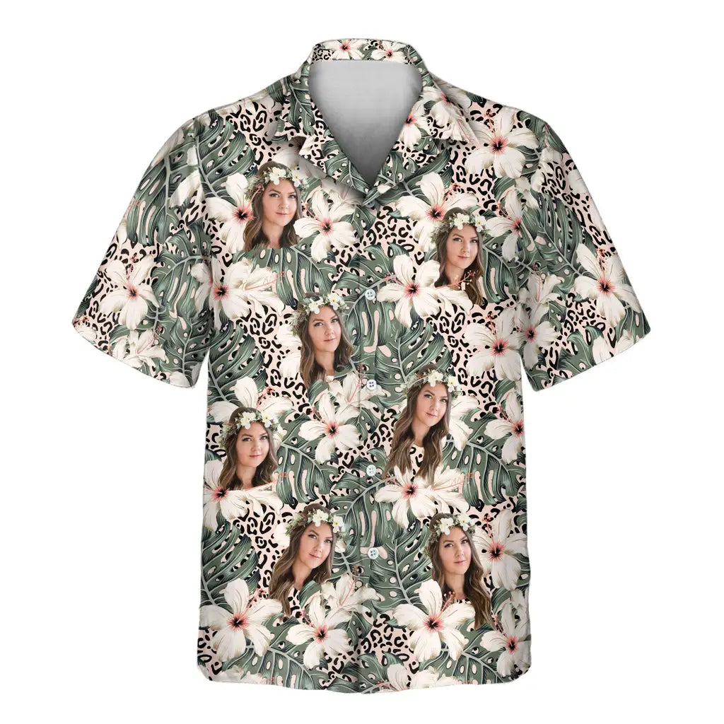 Custom Face &amp; Logo Monstera &amp; Hibiscus Dream Hawaiian Shirt | Custom Gift for Beach Vacation &amp; Cruises