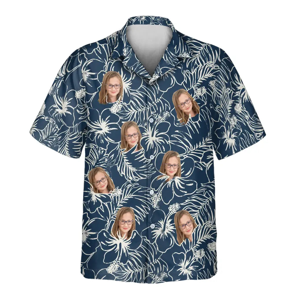 Custom Face &amp; Logo Navy Hibiscus Paradise Hawaiian Shirt | Unique Summer Beach Gift for Men