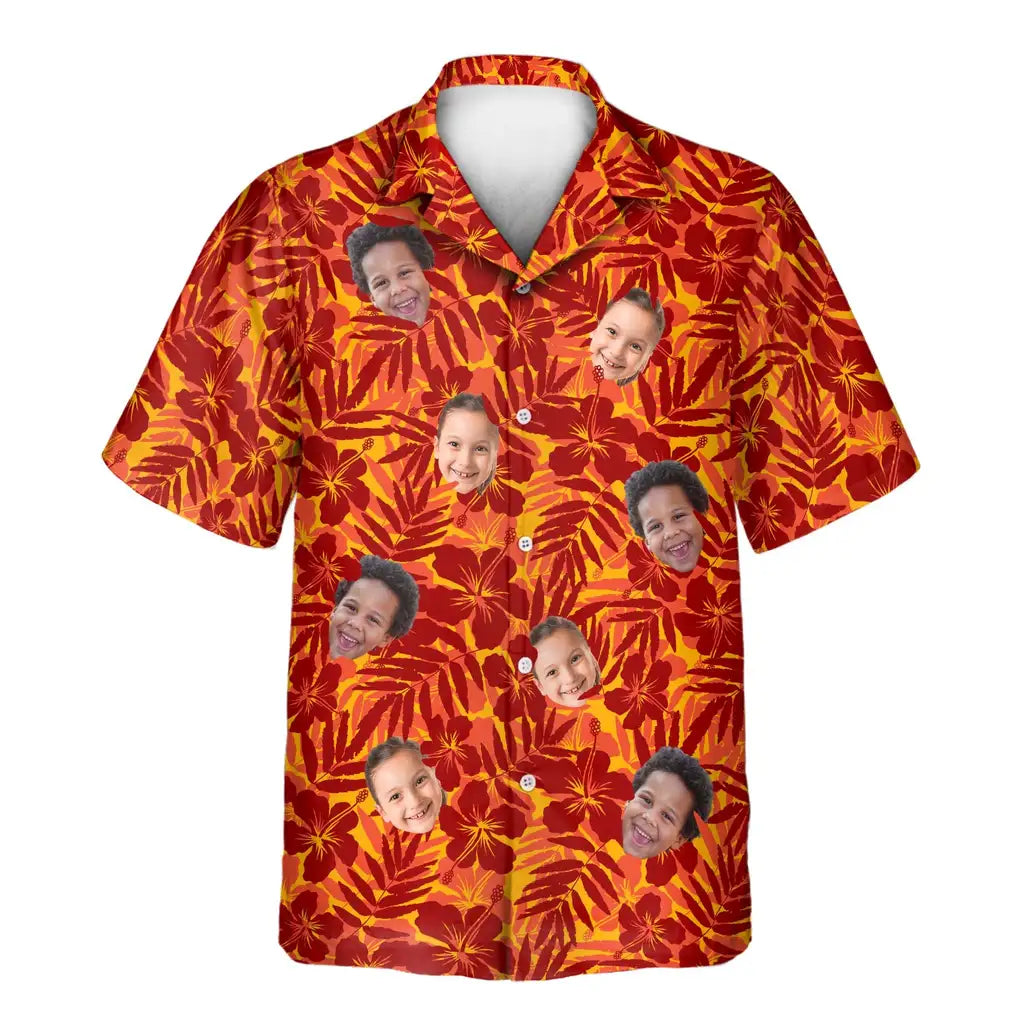 Custom Face &amp; Logo Red and Orange Tropical Silhouettes Hawaiian Shirt | Unique Summer Beach Gift for Men