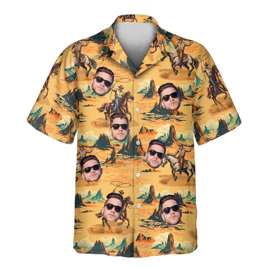 Custom Face &amp; Logo Retro Cowboy Rider Hawaiian Shirt | Perfect Vacation &amp; Tropical Party Wear
