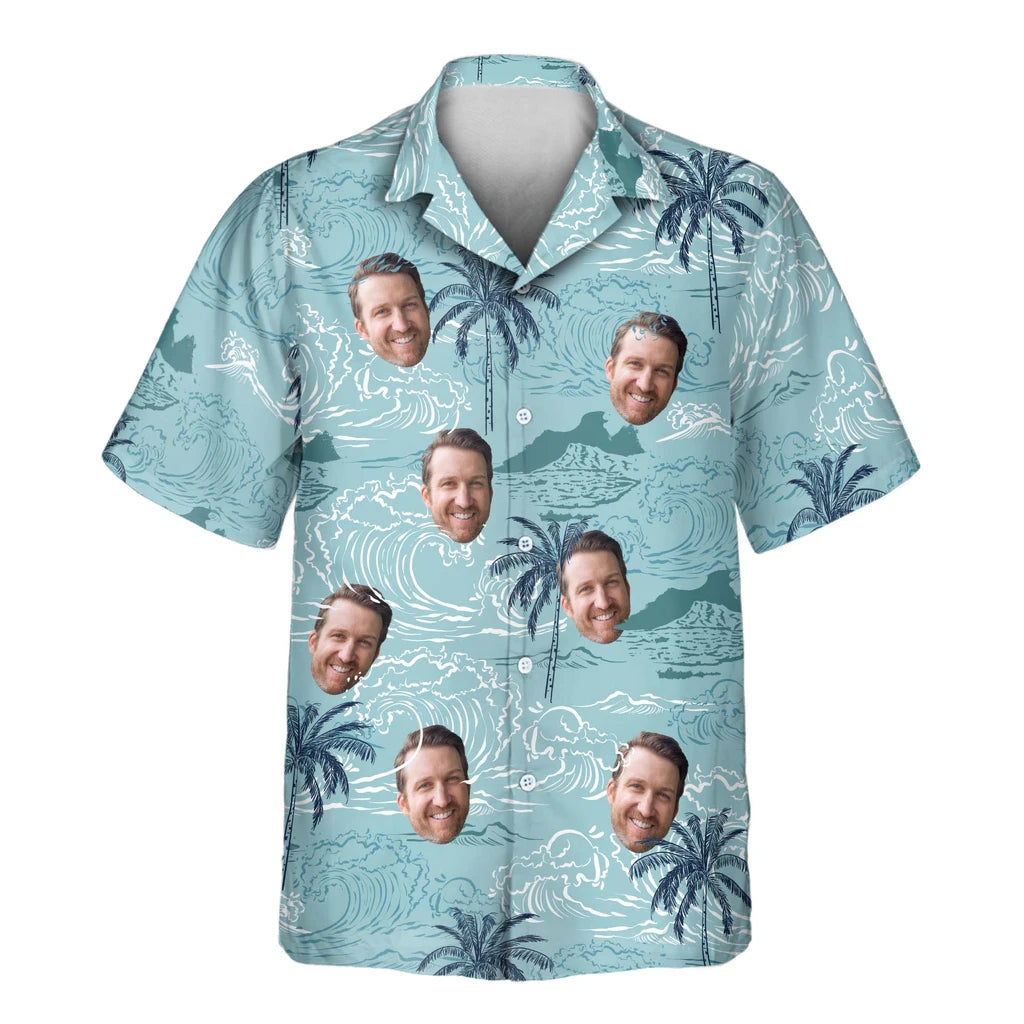 Custom Face &amp; Logo Retro Ocean Wave Hawaiian Shirt | Perfect Vacation &amp; Tropical Party Wear