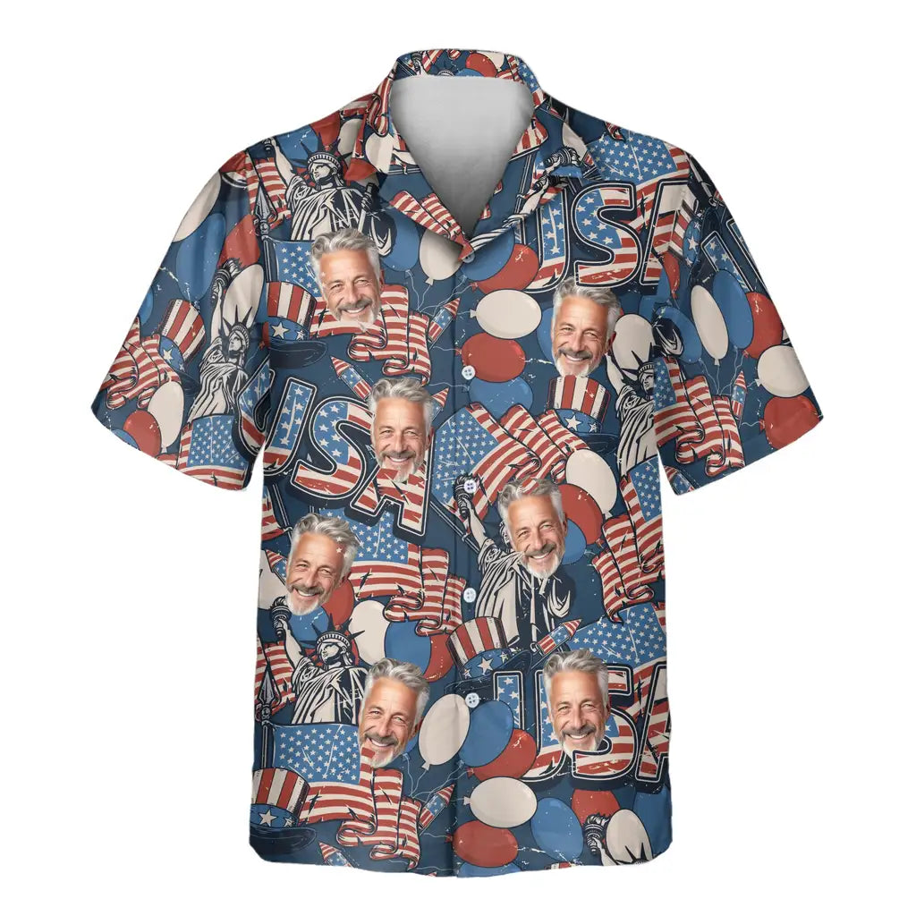 Custom Face &amp; Logo Retro USA Flag Hawaiian Shirt | Perfect Vacation &amp; Tropical Party Wear
