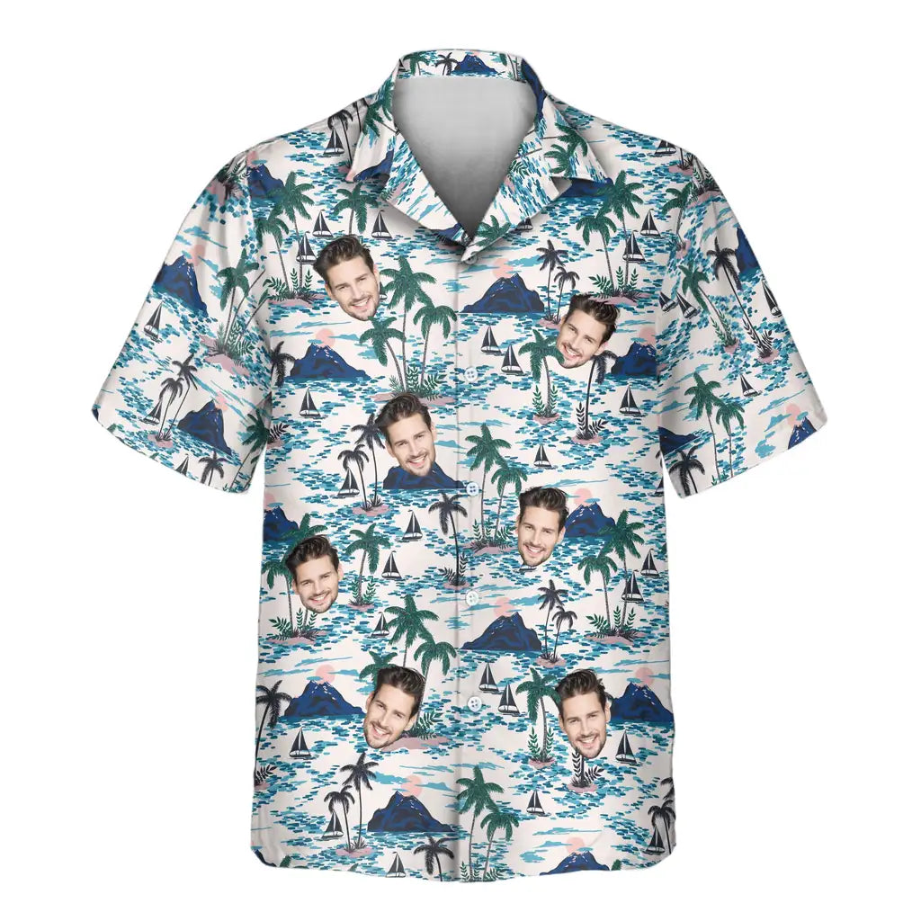 Custom Face &amp; Logo Sunset Sail Hawaiian Shirt | Unique Summer Beach Gift for Men