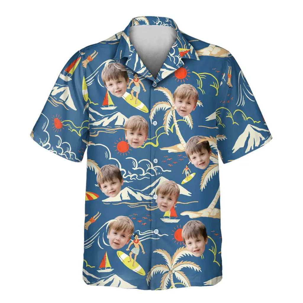 Custom Face &amp; Logo Surf Island Vibes Hawaiian Shirt | Perfect Beach &amp; Surf Adventure