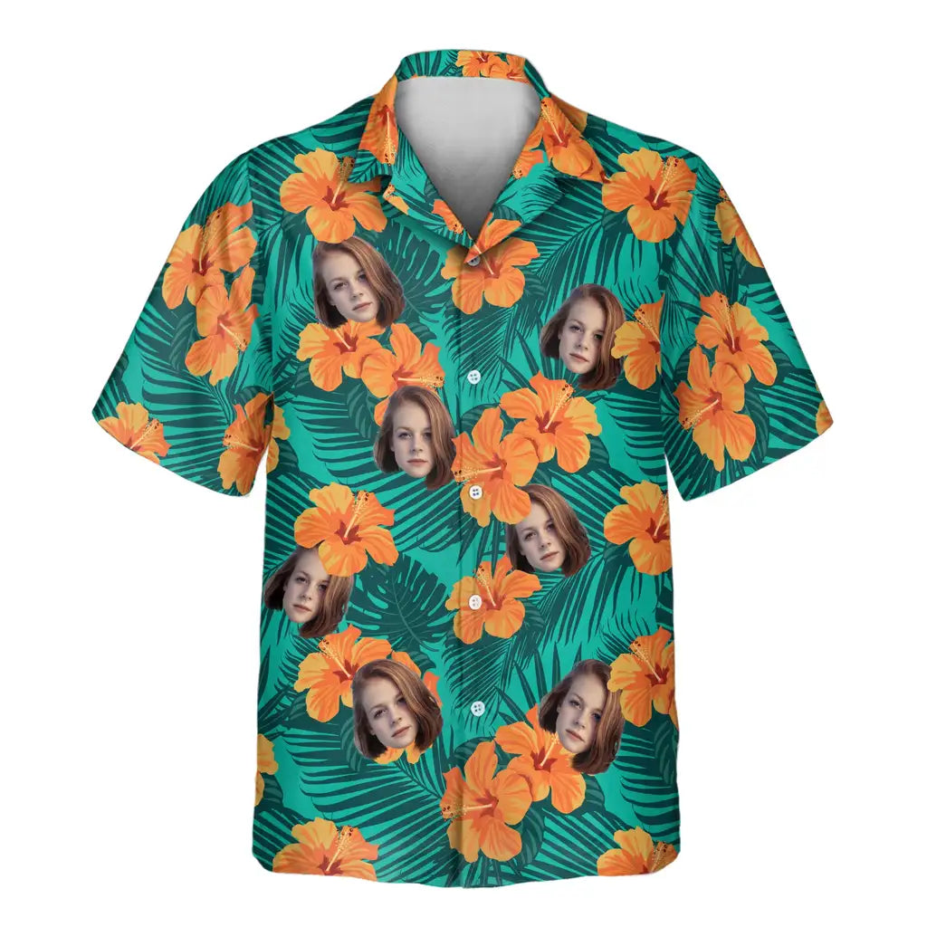 Custom Face &amp; Logo Tropical Flowers and Palm Leaves Hawaiian Shirt | Unique Summer Beach Gift for Men
