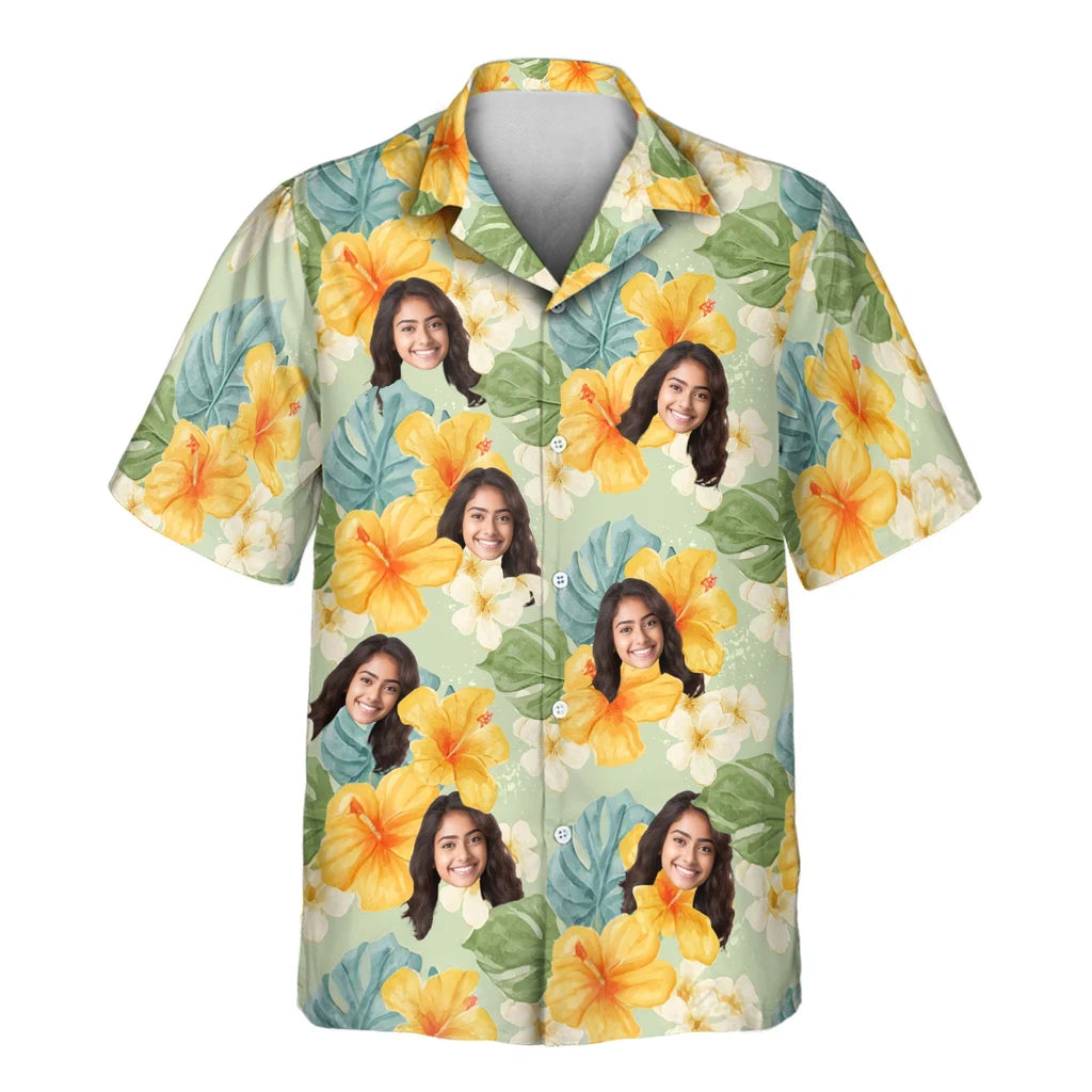 Custom Face &amp; Logo Tropical Hibiscus Vibes Hawaiian Shirt | Custom Gift for Beach Vacation &amp; Cruises