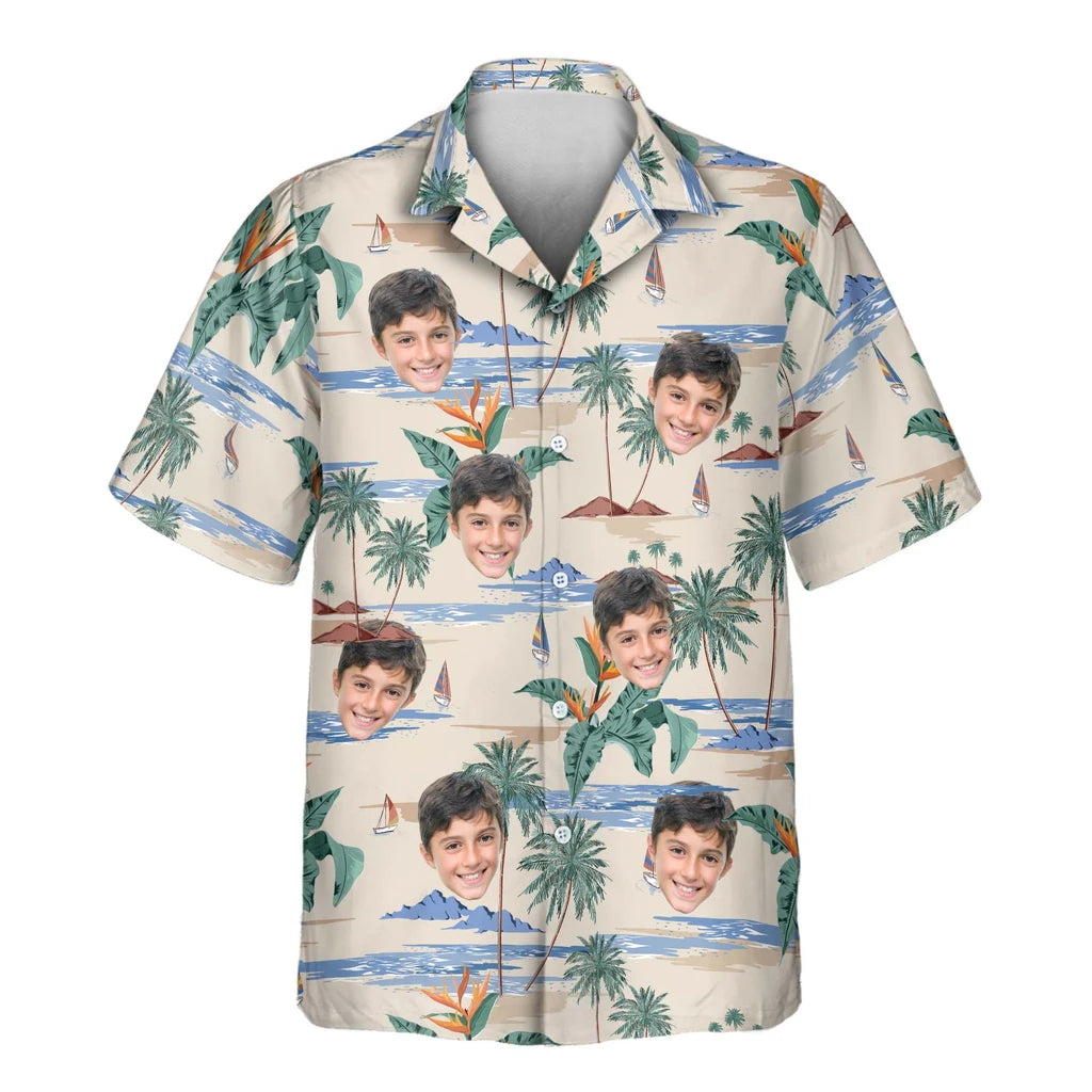 Custom Face &amp; Logo Tropical Island Paradise Hawaiian Shirt | Unique Summer Beach Gift for Men