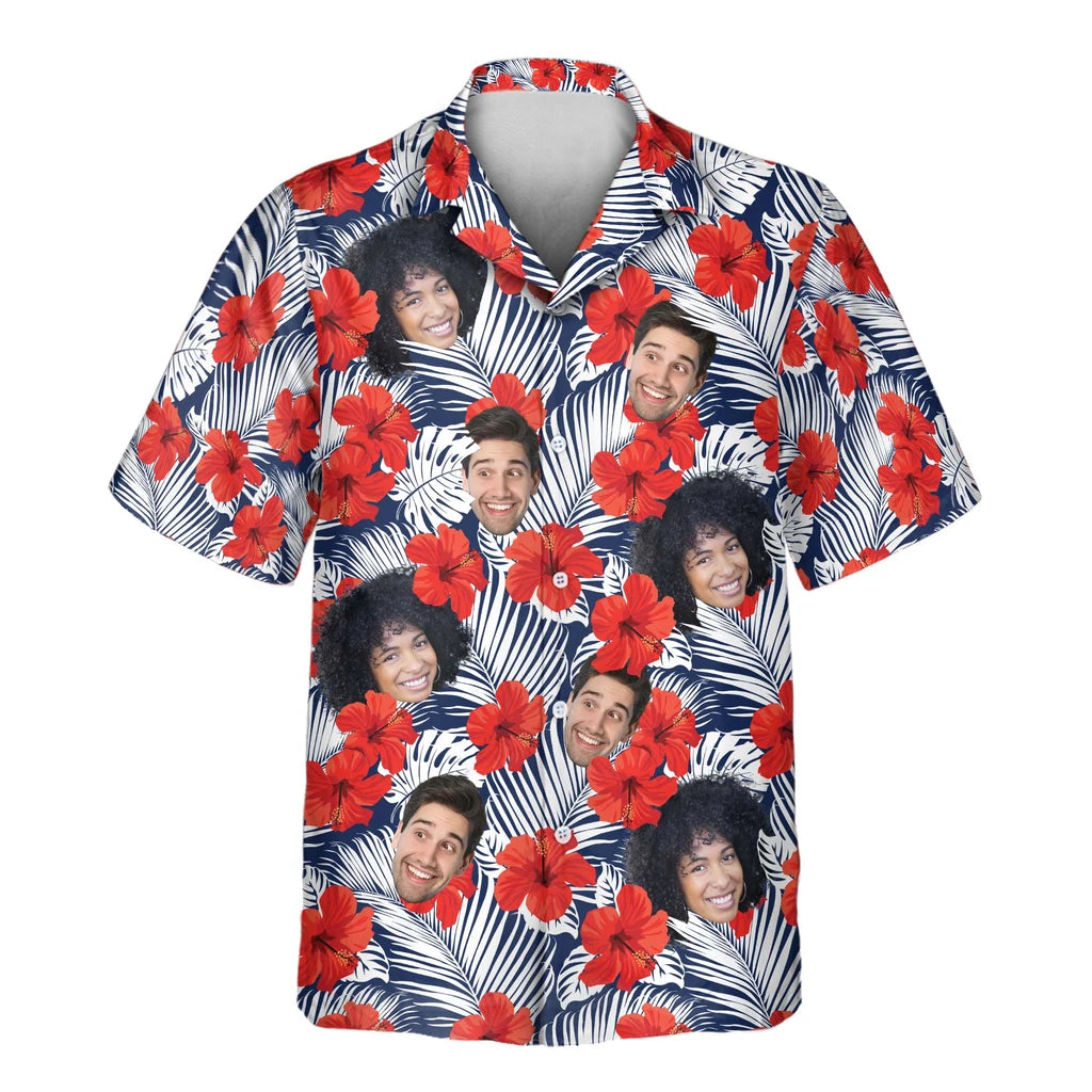 Custom Face &amp; Logo Red Hibiscus Tropics Hawaiian Shirt | Custom Gift for Beach Vacation &amp; Cruises