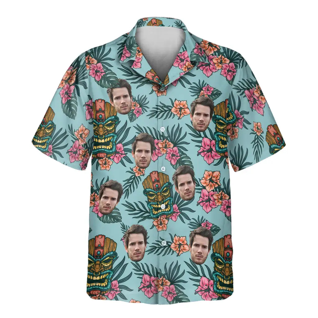 Custom Face &amp; Logo Tropical Tiki Mask Hawaiian Shirt | Great for Themed Parties &amp; Group Events