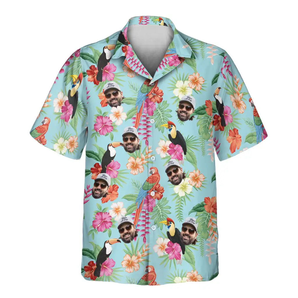 Custom Face &amp; Logo Tropical Toucan &amp; Macaw Paradise Hawaiian Shirt | Unique Gift for Wildlife Lovers