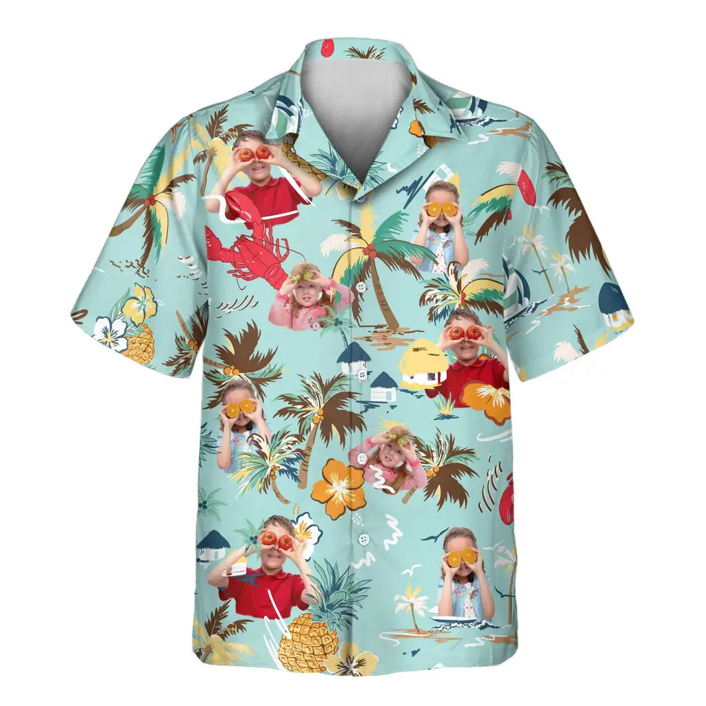 Custom Face &amp; Logo Turquoise Tropical Island Hawaiian Shirt | Unique Summer Beach Gift for Men