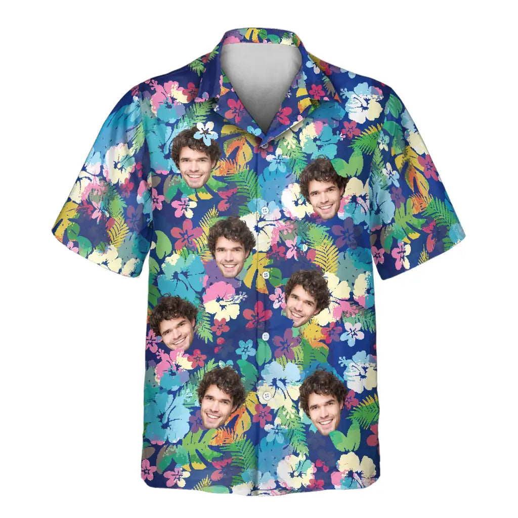 Custom Face &amp; Logo Vibrant Hibiscus Hawaiian Shirt | Custom Gift for Beach Vacation &amp; Cruises