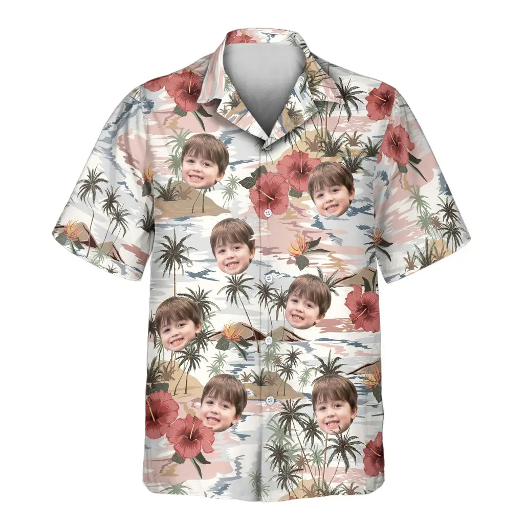Custom Face &amp; Logo Vintage Island Palm Hibiscus Hawaiian Shirt | Perfect Vacation &amp; Tropical Party Wear