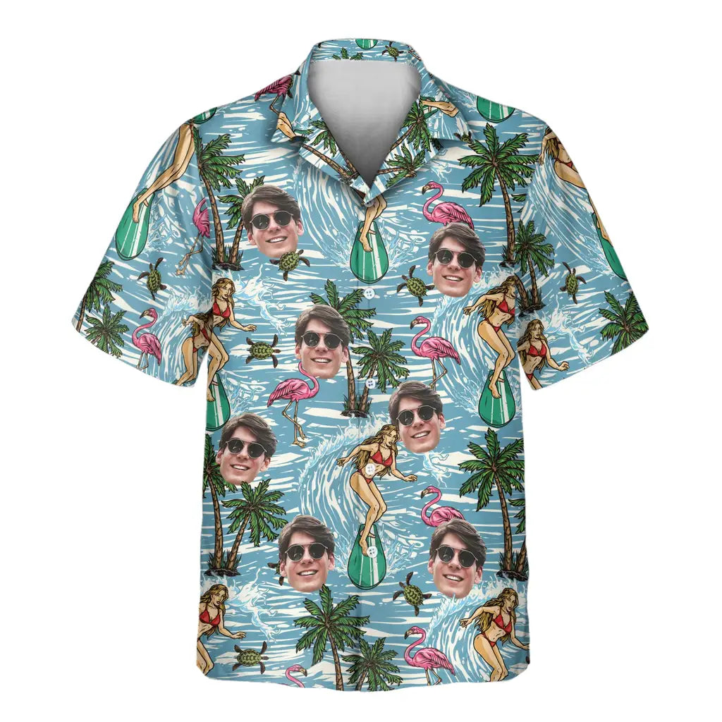 Custom Face &amp; Logo Vintage Surf &amp; Sun Hawaiian Shirt | Perfect Vacation &amp; Tropical Party Wear