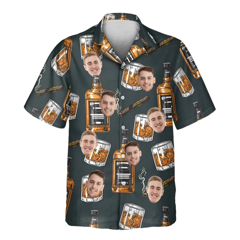 Custom Face &amp; Logo Whiskey &amp; Cigar Hawaiian Shirt | Great Gift for Party Lovers &amp; Celebration
