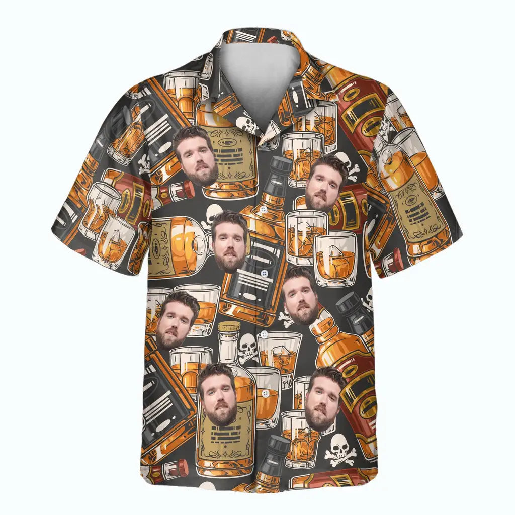 Custom Face &amp; Logo Whiskey &amp; Skulls Retro Hawaiian Shirt | Perfect Vacation &amp; Tropical Party Wear