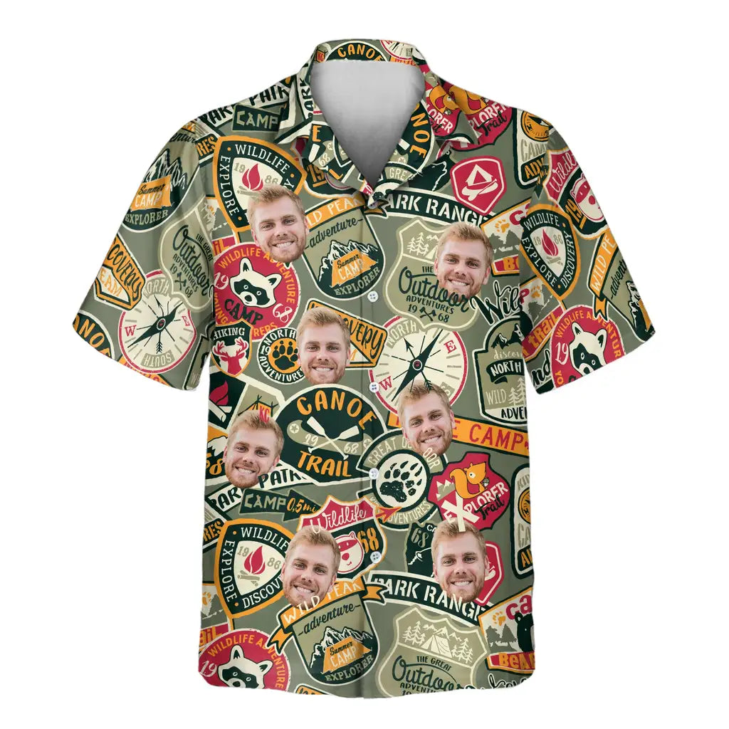 Custom Face &amp; Logo Wilderness Adventure Hawaiian Shirt | Unique Summer Beach Gift for Men