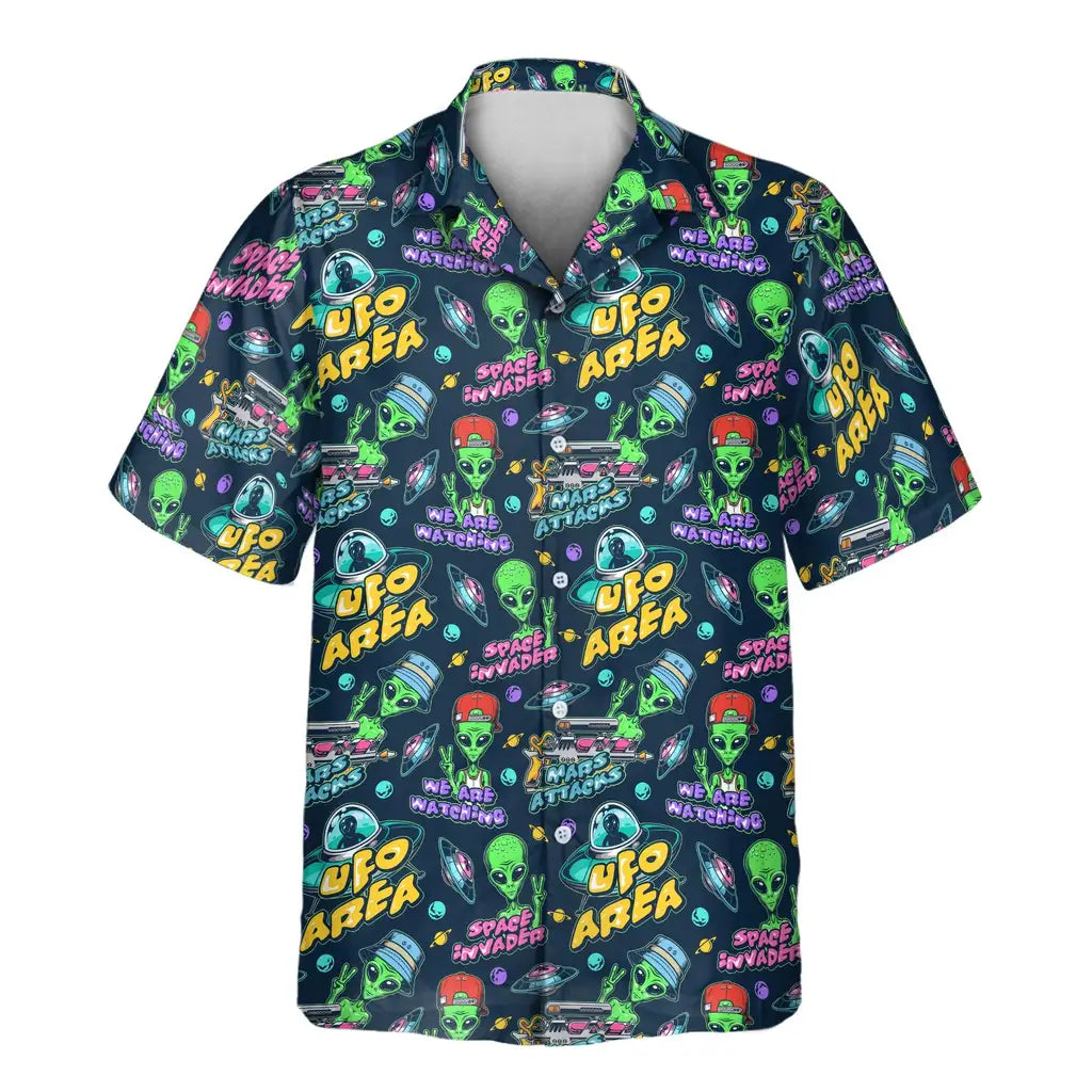 Custom Face &amp; Logo Alien Invasion Hawaiian Shirt | Unique Sci|Fi Fan Gift