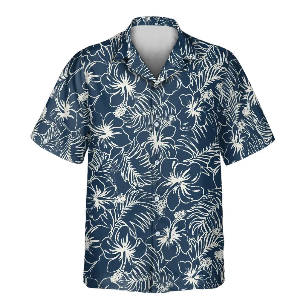 Custom Face &amp; Logo Navy Hibiscus Paradise Hawaiian Shirt | Unique Summer Beach Gift for Men