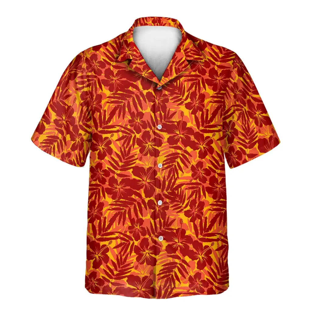 Custom Face &amp; Logo Red and Orange Tropical Silhouettes Hawaiian Shirt | Unique Summer Beach Gift for Men