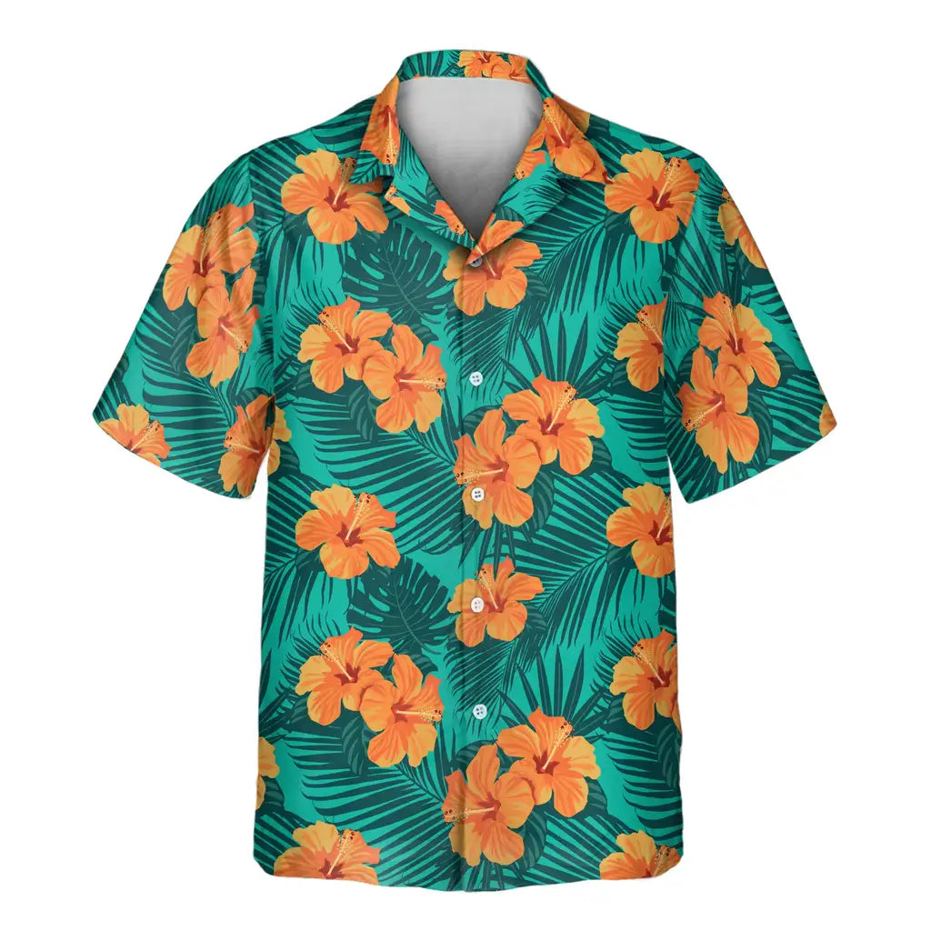 Custom Face &amp; Logo Tropical Flowers and Palm Leaves Hawaiian Shirt | Unique Summer Beach Gift for Men