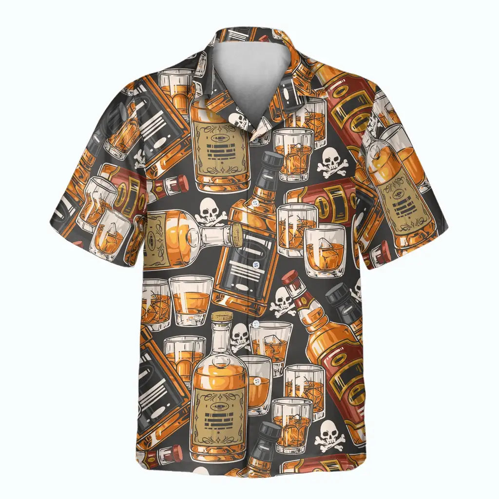 Custom Face &amp; Logo Whiskey &amp; Skulls Retro Hawaiian Shirt | Perfect Vacation &amp; Tropical Party Wear