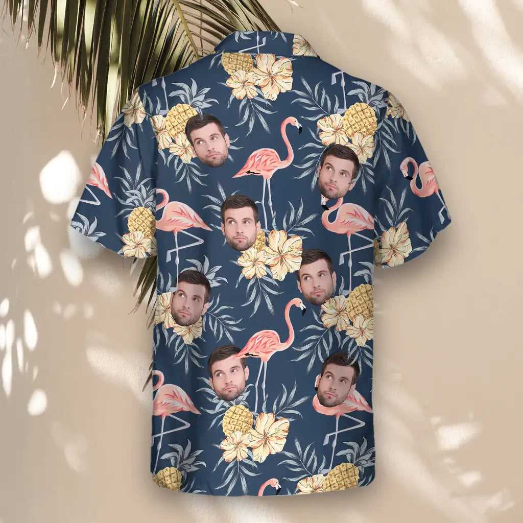 Custom Face &amp; Logo Flamingo &amp; Pineapple Paradise Hawaiian Shirt | Custom Gift for Beach Vacation &amp; Cruises
