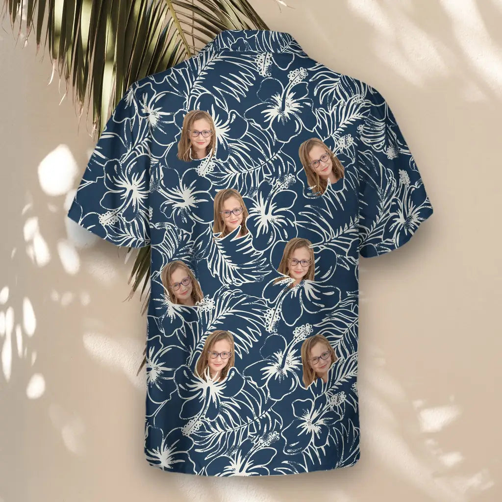 Custom Face &amp; Logo Navy Hibiscus Paradise Hawaiian Shirt | Unique Summer Beach Gift for Men