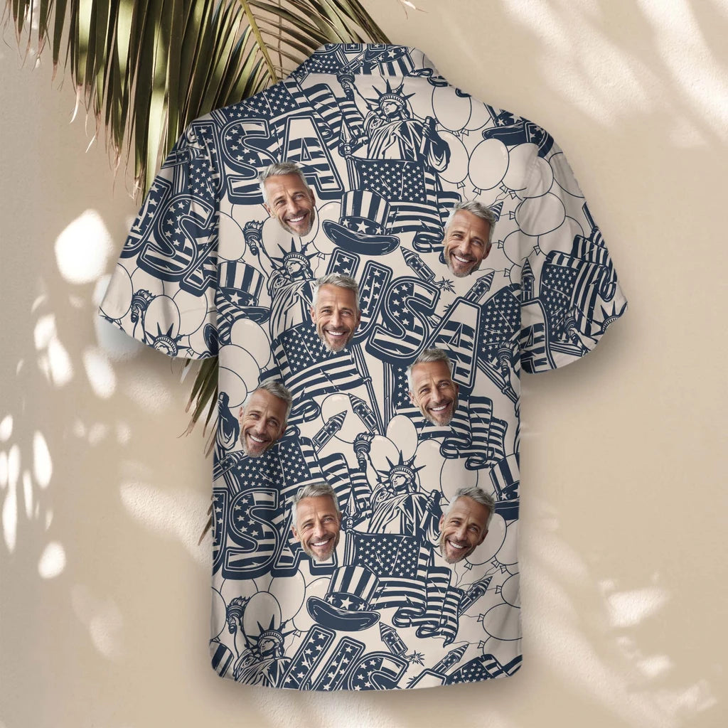 Custom Face &amp; Logo Navy &amp; Ivory Patriot Hawaiian Shirt | Perfect 4th of July &amp; Patriotic Celebration