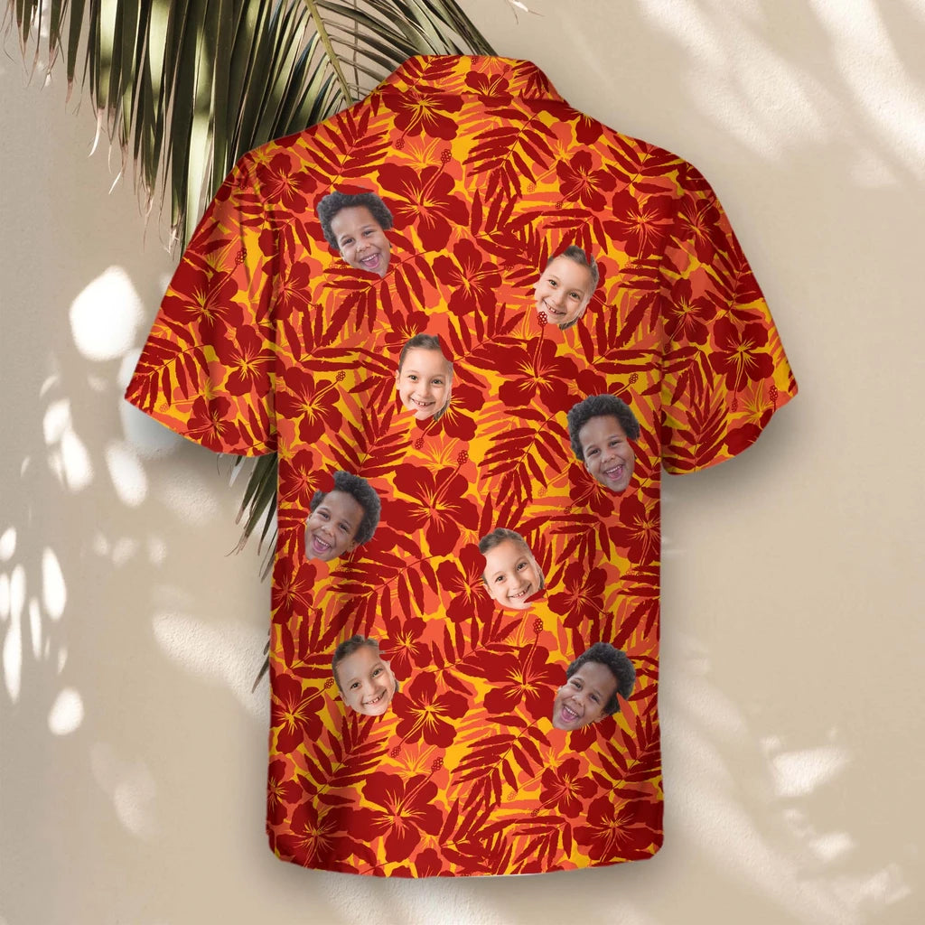 Custom Face &amp; Logo Red and Orange Tropical Silhouettes Hawaiian Shirt | Unique Summer Beach Gift for Men