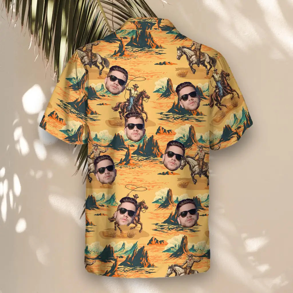 Custom Face &amp; Logo Retro Cowboy Rider Hawaiian Shirt | Perfect Vacation &amp; Tropical Party Wear