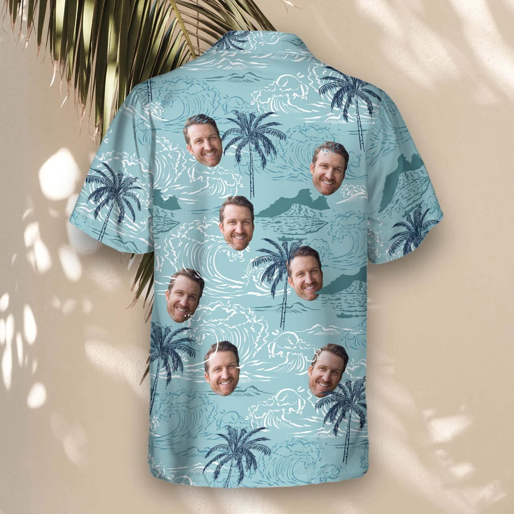 Custom Face &amp; Logo Retro Ocean Wave Hawaiian Shirt | Perfect Vacation &amp; Tropical Party Wear