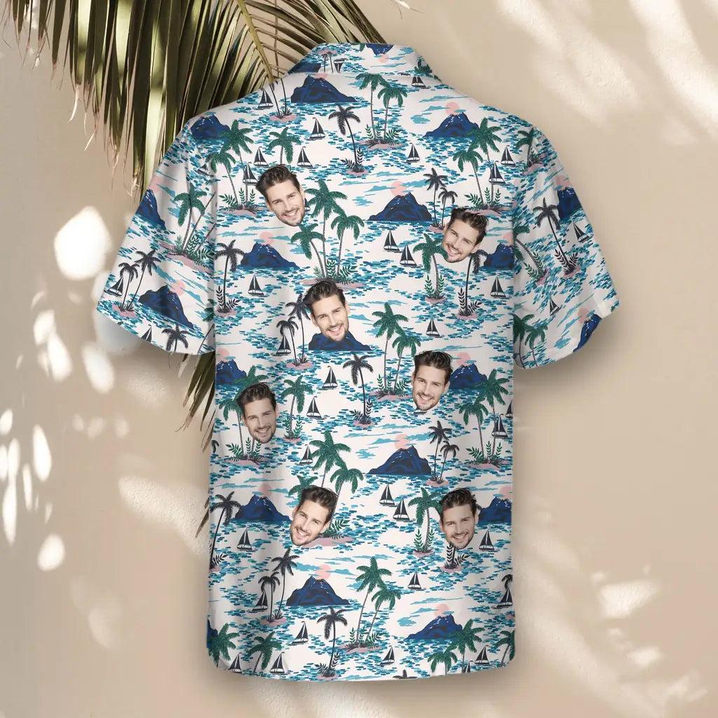 Custom Face &amp; Logo Sunset Sail Hawaiian Shirt | Unique Summer Beach Gift for Men