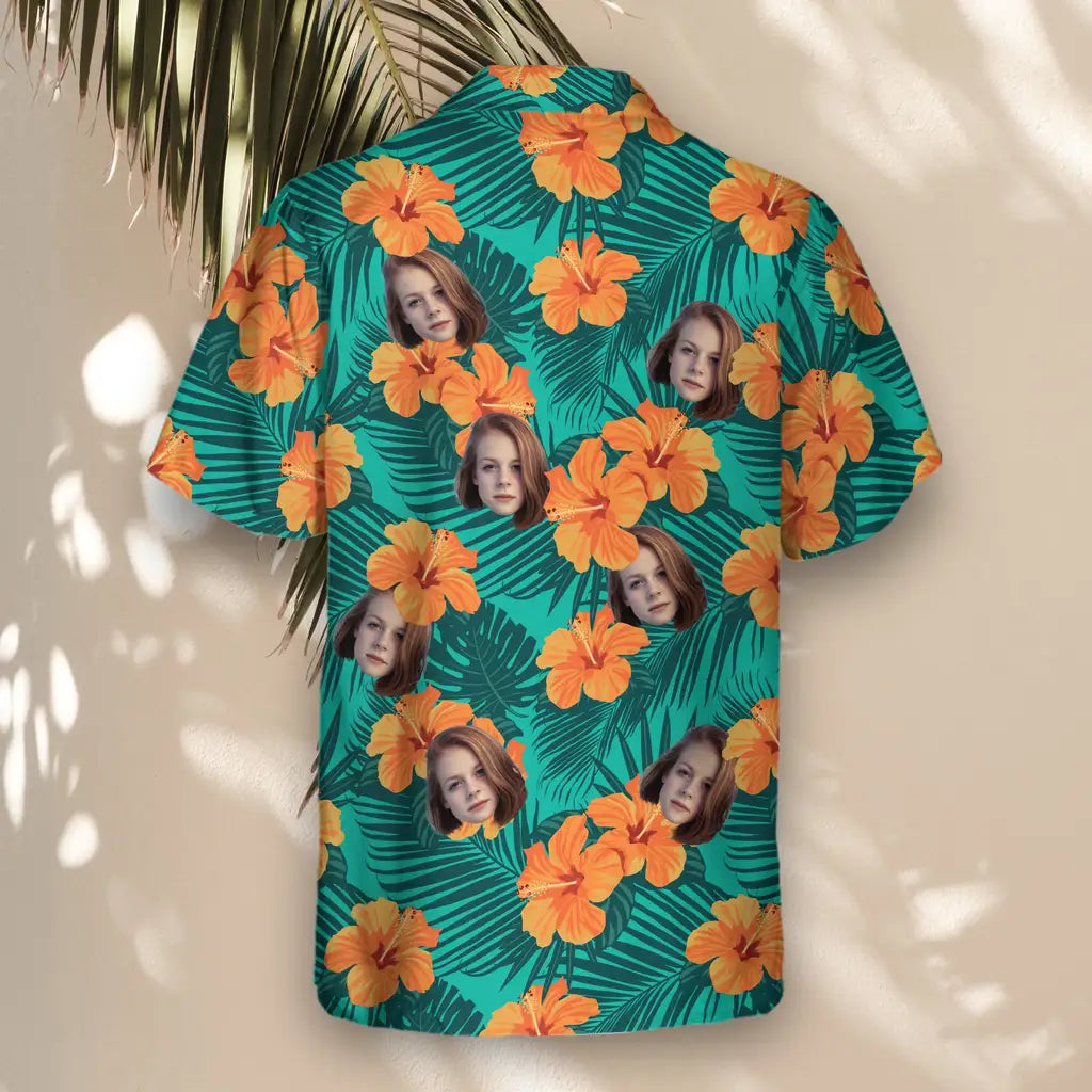 Custom Face &amp; Logo Tropical Flowers and Palm Leaves Hawaiian Shirt | Unique Summer Beach Gift for Men