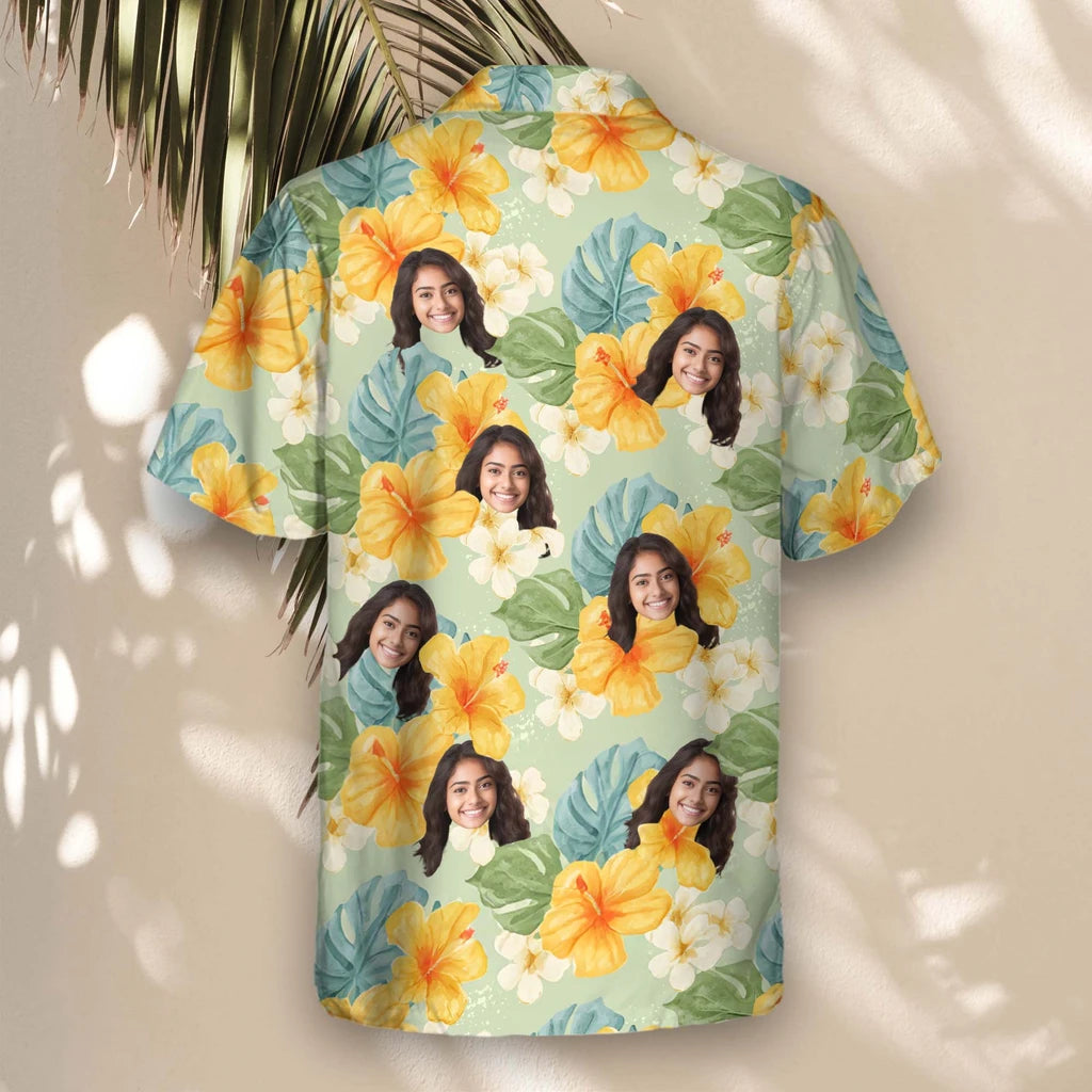 Custom Face &amp; Logo Tropical Hibiscus Vibes Hawaiian Shirt | Custom Gift for Beach Vacation &amp; Cruises