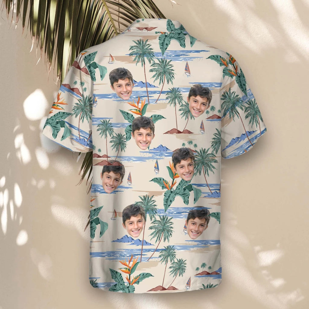 Custom Face &amp; Logo Tropical Island Paradise Hawaiian Shirt | Unique Summer Beach Gift for Men