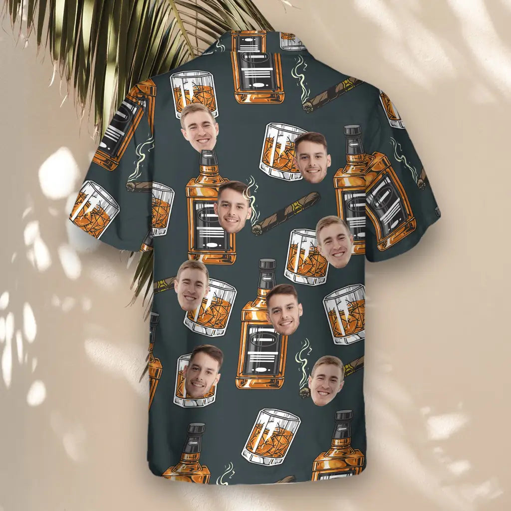 Custom Face &amp; Logo Whiskey &amp; Cigar Hawaiian Shirt | Great Gift for Party Lovers &amp; Celebration