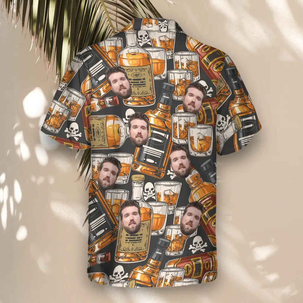 Custom Face &amp; Logo Whiskey &amp; Skulls Retro Hawaiian Shirt | Perfect Vacation &amp; Tropical Party Wear