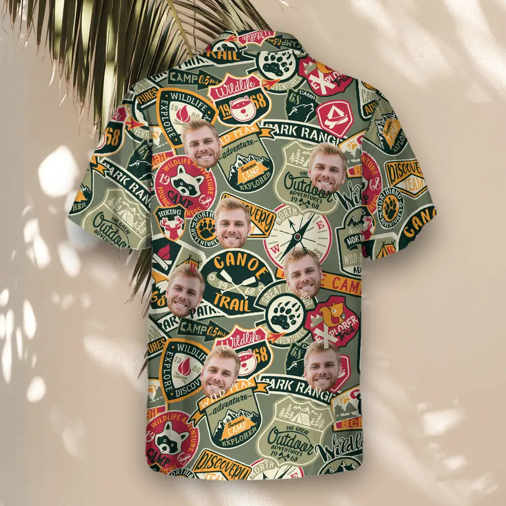 Custom Face &amp; Logo Wilderness Adventure Hawaiian Shirt | Unique Summer Beach Gift for Men