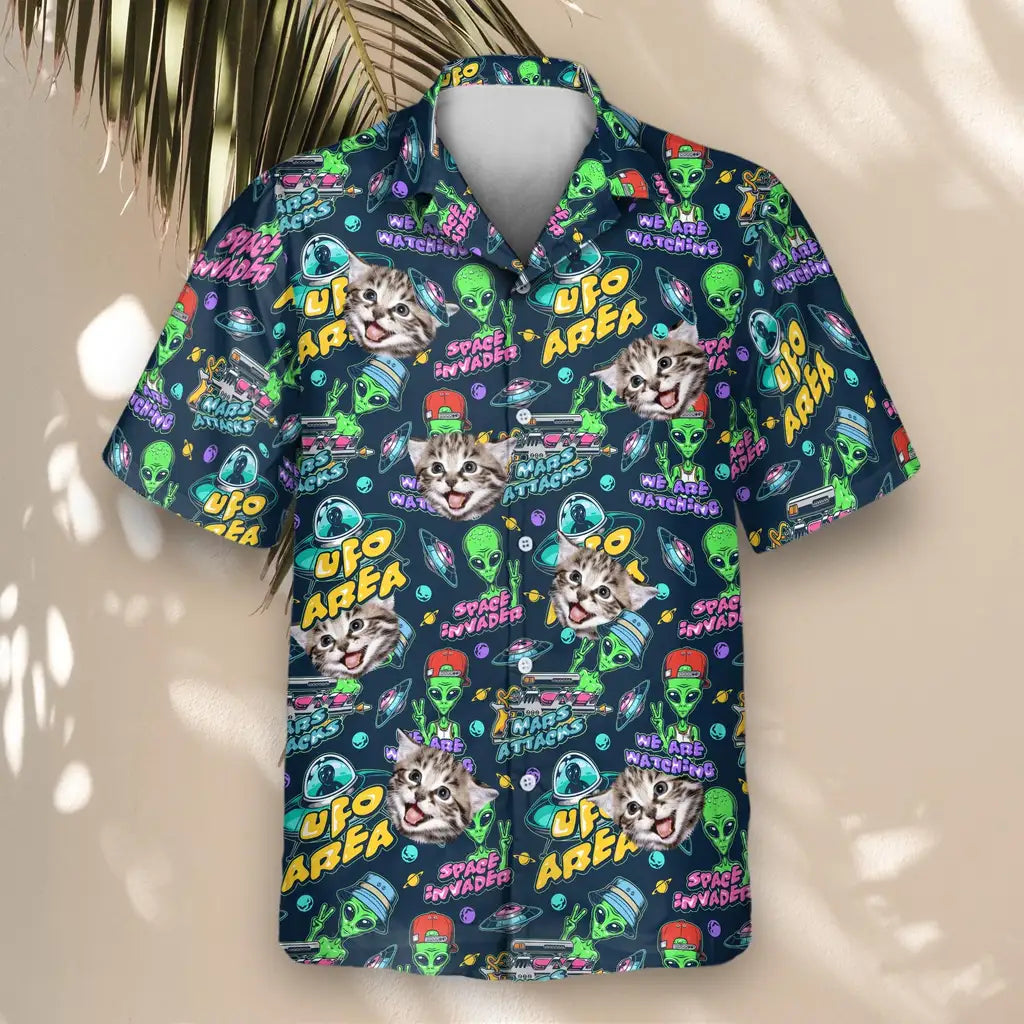 Custom Face &amp; Logo Alien Invasion Hawaiian Shirt | Unique Sci|Fi Fan Gift
