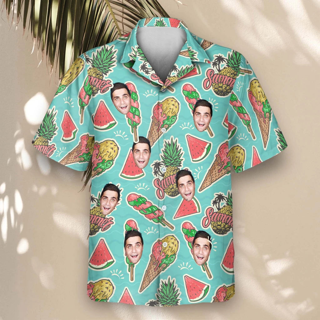 Custom Face &amp; Logo Beach Holiday Hawaiian Shirt | Unique Summer Beach Gift for Men