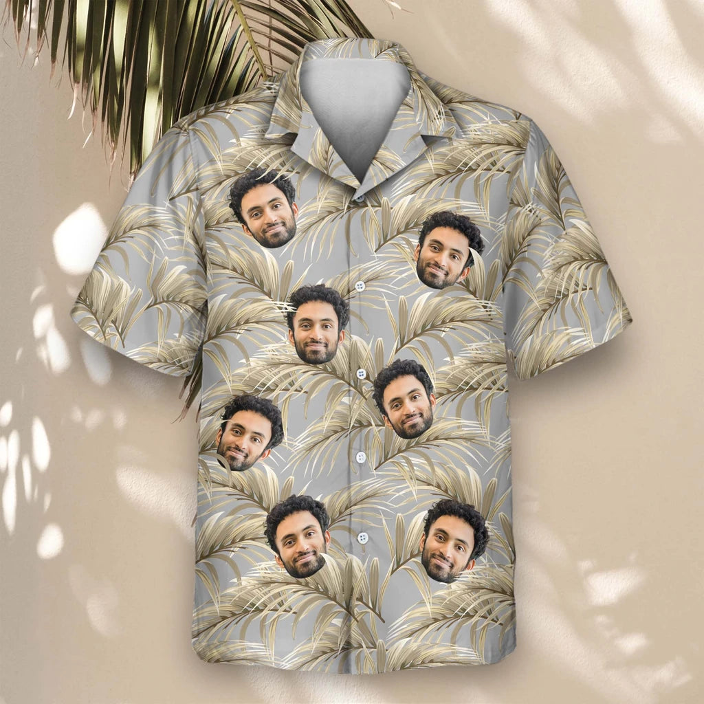 Custom Face &amp; Logo Golden Palm Leaves Hawaiian Shirt | Unique Summer Beach Gift for Men