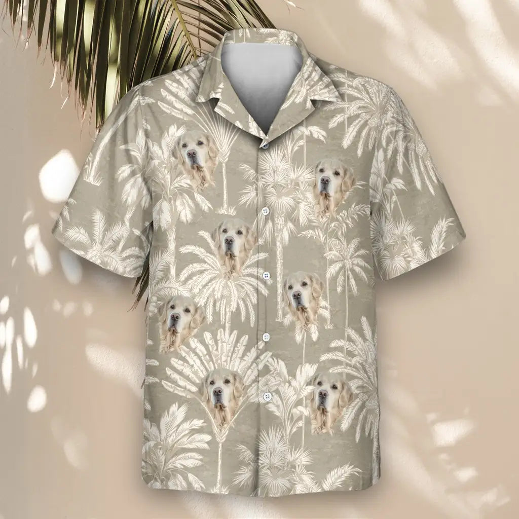 Custom Face &amp; Logo Monochrome Tropics in Cotton Grey Hawaiian Shirt | Minimalist Style Summer Gift