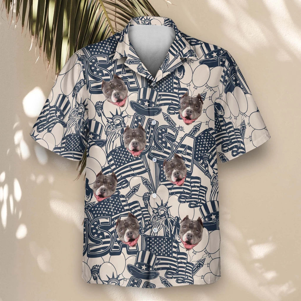 Custom Face &amp; Logo Navy &amp; Ivory Patriot Hawaiian Shirt | Perfect 4th of July &amp; Patriotic Celebration