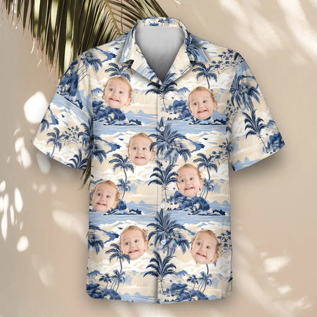 Custom Face &amp; Logo Nostalgic Tropical Paradise Hawaiian Shirt | Personalized Summer Gift for Dad &amp; Friends
